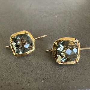 Vintage 14k/24k Green Amethyst Cushion Cut Checkerboard Multifaceted Earrings